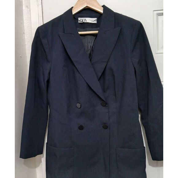 Zara womens large lightweight double Breasted trench jacket viscose navy blue - Picture 2 of 6